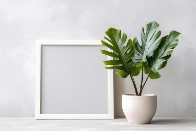 Blank Frame With Philodendron In Pot Next To It On White Background Generative AI