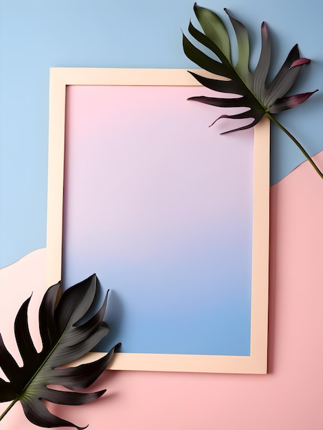 blank frame with a pink and blue background with light lily leaves on the side