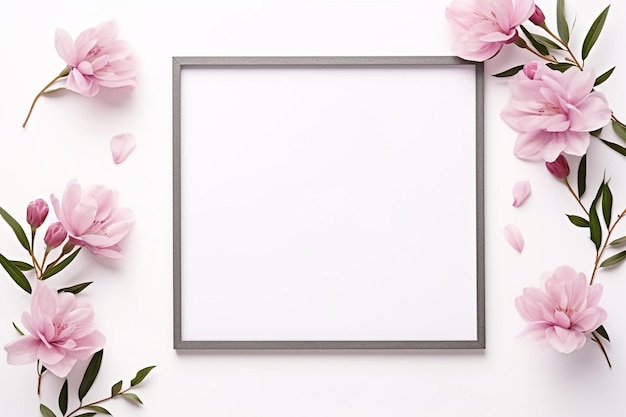 Пустая рамка с розовыми цветами магнолии на белом фоне Ai Generated