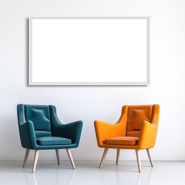 Пустая обрамленная картина над двумя оранжевыми и бирюзовыми удобными креслами