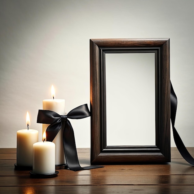 Photo blank funeral frame burning candles and black ribbon on wooden table against white background