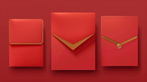 Foto blank gesloten en open rode enveloppen luxe verticale en horizontale briefpakketten met gouden bekleding dubbele map voor zakelijke documenten en realistische 3d moderne mockups
