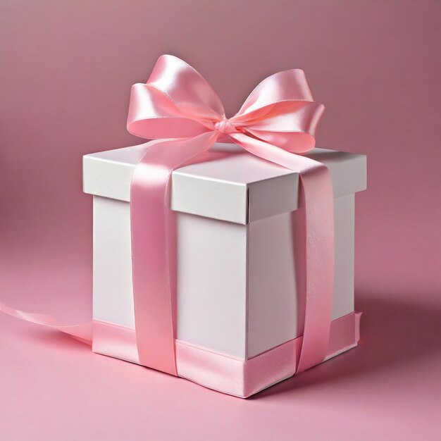 Blank gift box display showcase mock up stand with pink pastel color ribbon bow isolated on pink bac...