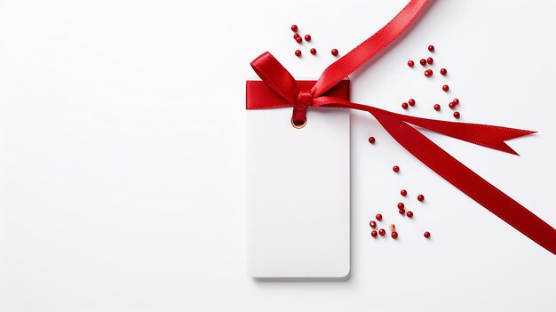 Blank gift tag tied with red ribbon isolated