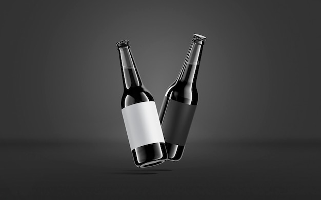 Blank glass beer bottle with black and white label mockup