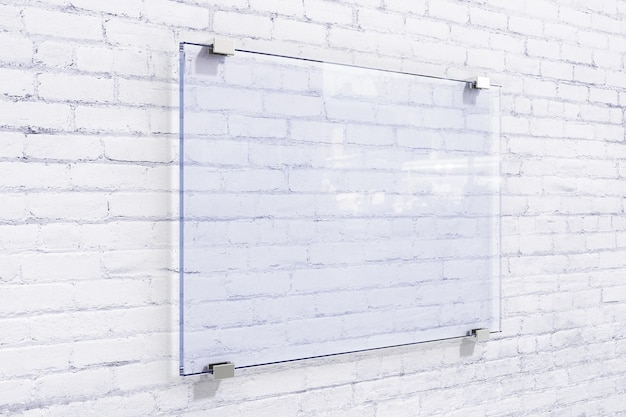 Blank glassy sighnboard on white brick wall mock up