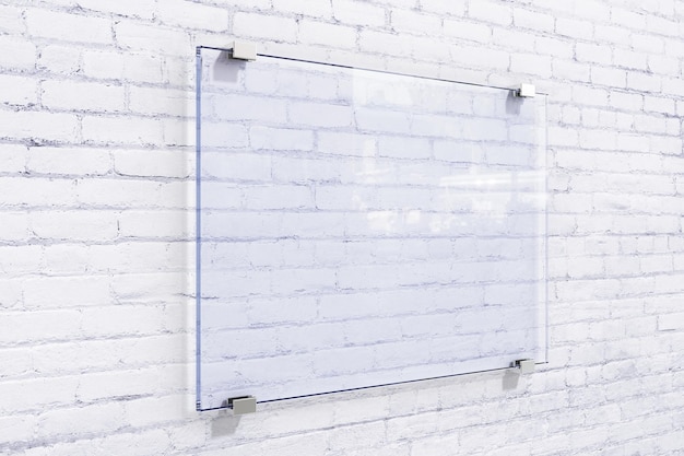 Photo blank glassy sighnboard on white brick wall mock up