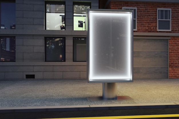 Пустой светящийся рекламный щит на пустой улице ночью макет