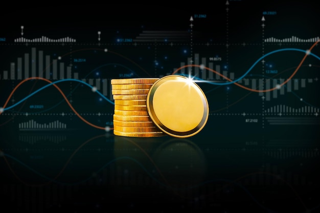 Пустая золотая монета или криптовалюта с аналитическим графиком, размытым на черном фоне Концепция цифровой валюты и инвестиционных технологий