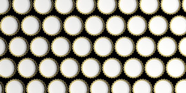 Blank golden beer caps on black background top view 3d illustration