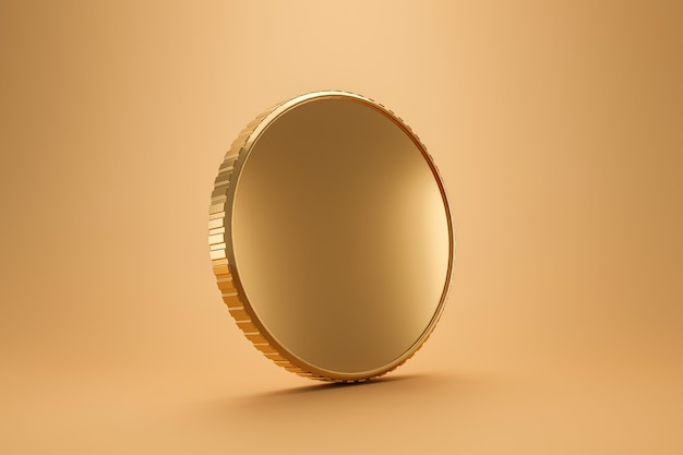 Monete dorate in bianco sulla parete ricca con il concetto dei soldi. monete d'oro o valuta commerciale. rendering 3d.