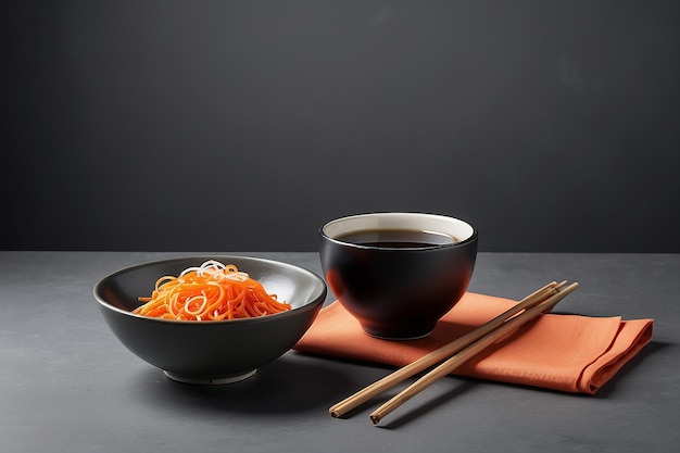 Пустой серый фон с палочками, оранжевым салфеткой и соевым соусом в небольшой миске для фотографии еды