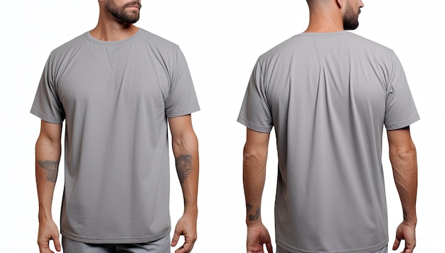 Blank gray tshirt template front and back view isolated on white background Male model wearing a dim gray color Henley tshirt on a White background front view and back viewAI Generated