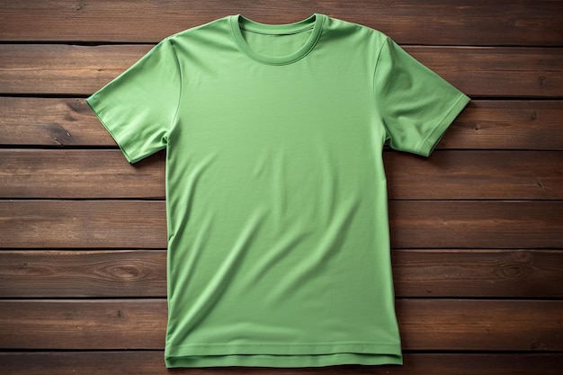 шаблон дизайна макета пустых зеленых мужских футболок на деревянном