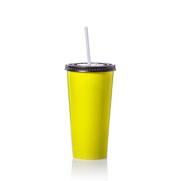 Blank green paper cup with straw for soft drink or coffee.