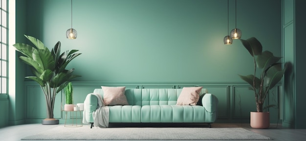 Blank green wall in a trendy pastel colored room with plush sofas a plant and lampsGenerative AI