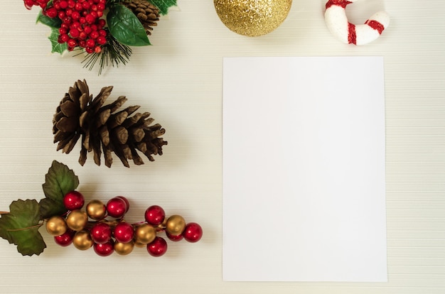 Blank greeting card for christmas with decoration, top view