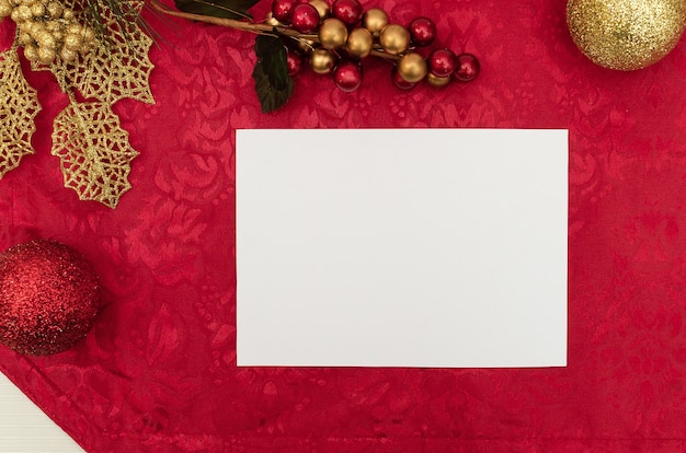 Blank greeting card for christmas with decoration, top view