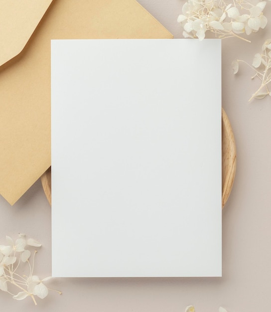 Photo blank greeting card invitation mockup 5x7 on envelope with dry flowers and ribbon on paper background flat lay mockup