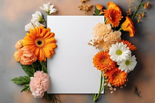 Blank greeting card mockup on concrete background with garden flowers Summer flat lay composition Top view with copy space AI generated