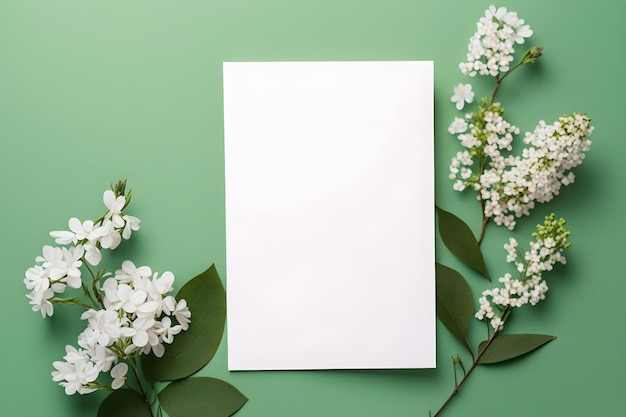 Blank greeting card mockup on green background with white spring and summer flowers and decoration Spring flat lay composition Top view with copy space AI generated