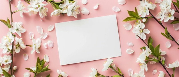 A blank greeting card surrounded by beautiful white spring blossoms on a pink background