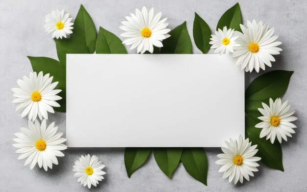 Foto carta d'invito di carta vuota, scena top view con fiori di camomilla, cancelleria elegante sullo sfondo bianco del tavolo.