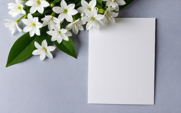 Blank greeting paper card invitation mockup scene top view with white flowers Elegant stationery on white table background