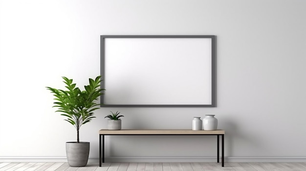 Blank grey picture frame mockup on wall in modern interior mock up