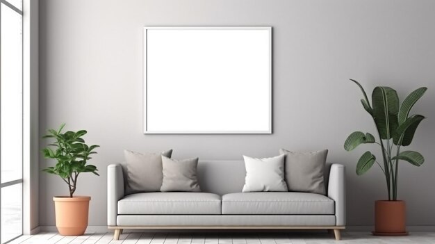 Blank grey picture frame mockup on wall in modern interior mock up