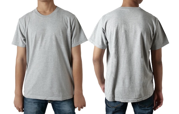 Blank grey tshirt shirt mock up template front and back teenage male model wear grey tshirt