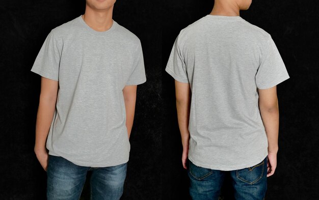 Photo blank grey tshirt shirt mock up template front and back teenage male model wear grey tshirt