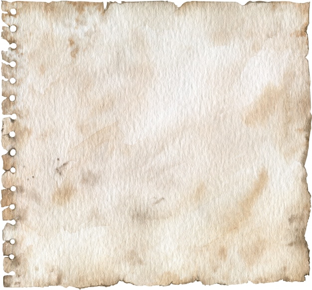 Blank grunge perforated paper texture. An old notebook page with holes. Watercolor illustration.