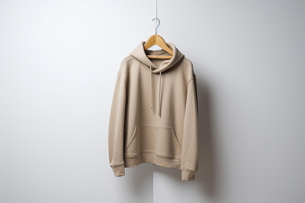 Blank hoodie neatly hung on a wooden coat hanger against white background showcasing minimalist