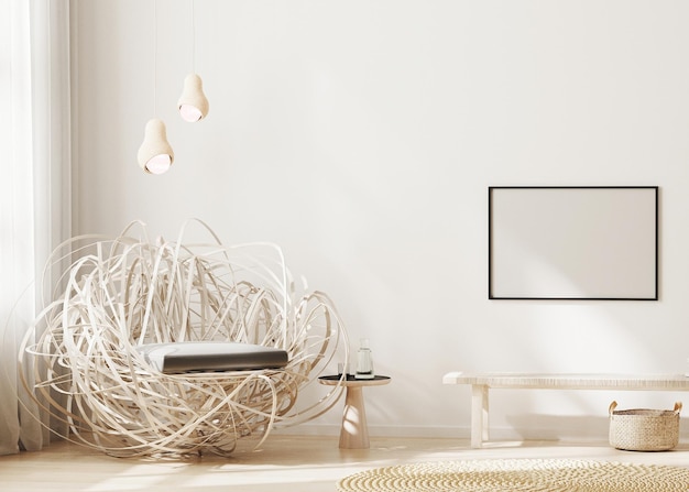 Blank horizontaal frame mock up op de muur in een moderne woonkamer interieur achtergrond in lichte beige tonen 3d rendering