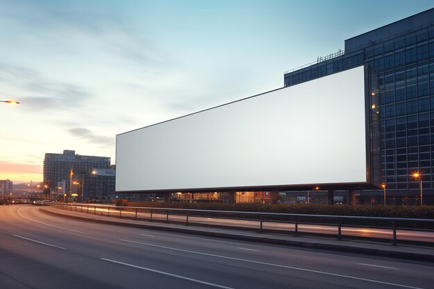 Blank horizontal billboard with urban cityscape at sunset