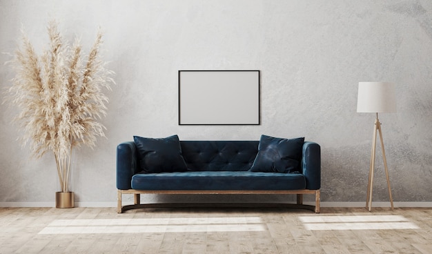 Blank horizontal frame on gray decorative plaster wall in modern  living room interior with dark blue sofa