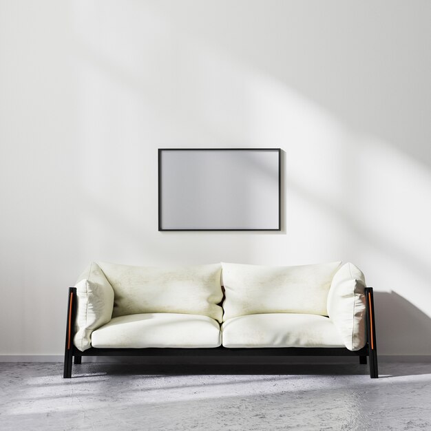 Blank horizontal frame mock up in scandinavian minimalistic style living room interior with white and black sofa, contemporary living room background, 3d rendering