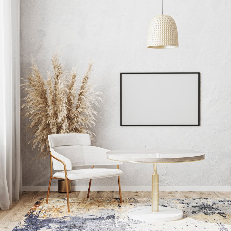 Photo blank  horizontal picture frame mockup in bright room with luxury round dinning table, 3d rendering