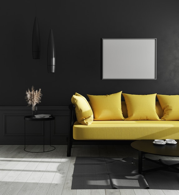 검은 벽과 밝은 노란색 소파, 스칸디나비아 스타일, 3d 일러스트와 함께 현대 럭셔리 거실 인테리어에 빈 가로 액자