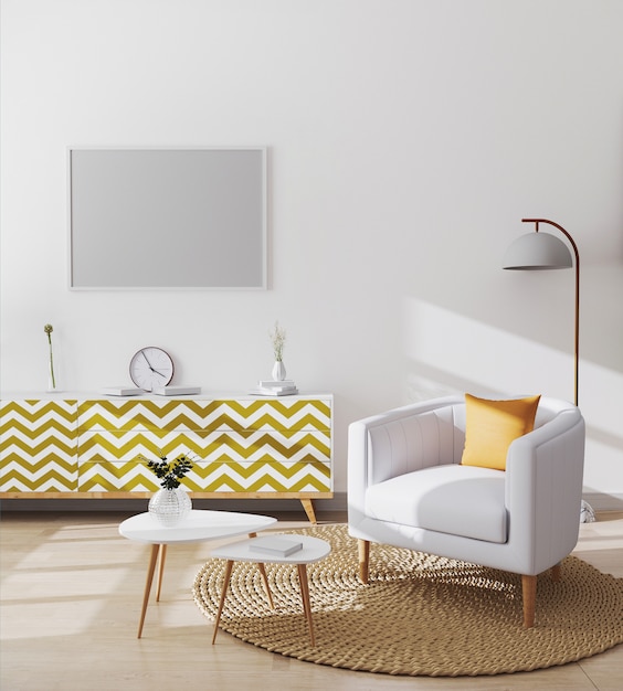 Blank horizontal picture frame in stylish scandinavian living room interior of modern apartment with white armchair and yellow pillowe, coffee table and cabinets, living room mockup, 3d rendering