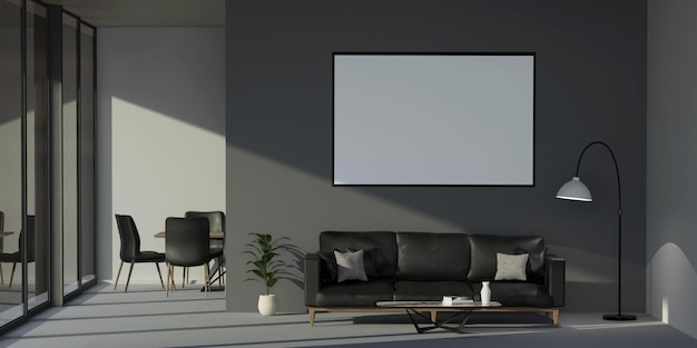 Blank horizontal poster frame mock up in Dark contemporary waiting room interior Minimalist Scandinavian design 3d rendering