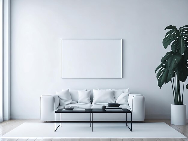 Blank horizontal poster frame mock up in minimal white style living room interior modern living room