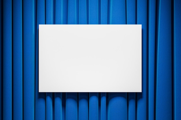 Blank horizontal poster hanging on blue curtains in empty room. Concept of marketing and advertising. 3d rendering mock up