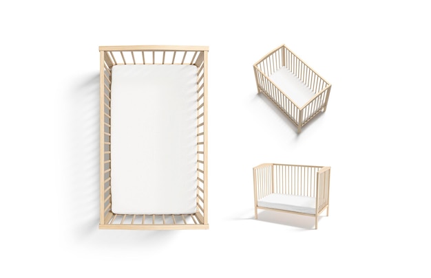 Blank houten bed met witte wieg blad mockup verschillende uitzichten