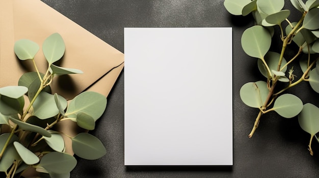 a blank invitation card and greeting card set amidst lush eucalyptus leaves artfully arranged for a flat lay shot The composition embodies the harmony of nature and design