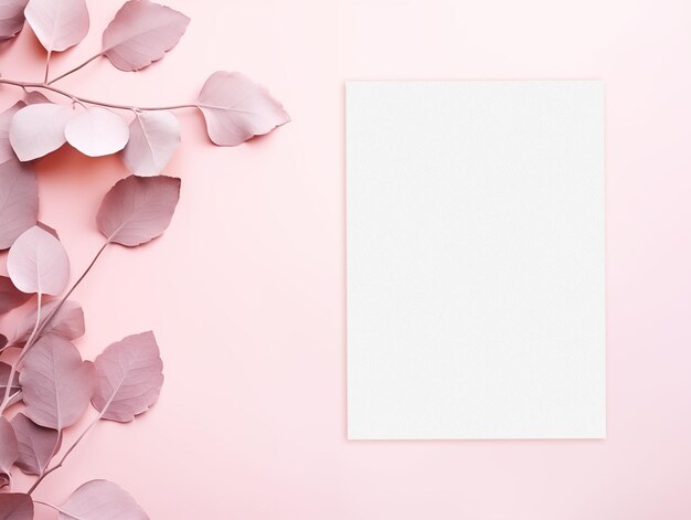 Photo blank invitation card mockup with leaveson on the pink background top view