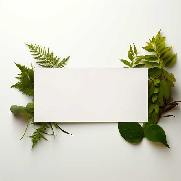 A blank invitation sheet lies on a composition of plants on a white background