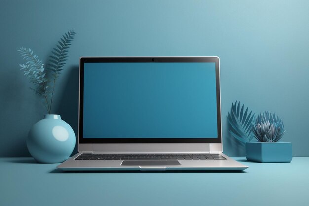 Photo blank laptop mockup with blue background and decorative elements ai generated