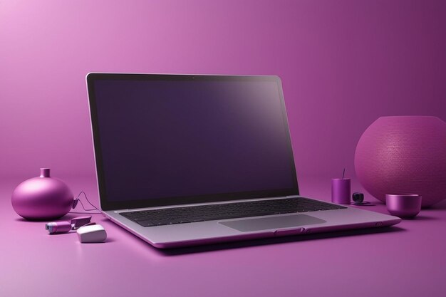 Photo blank laptop mockup with purple background and decorative elements ai generated